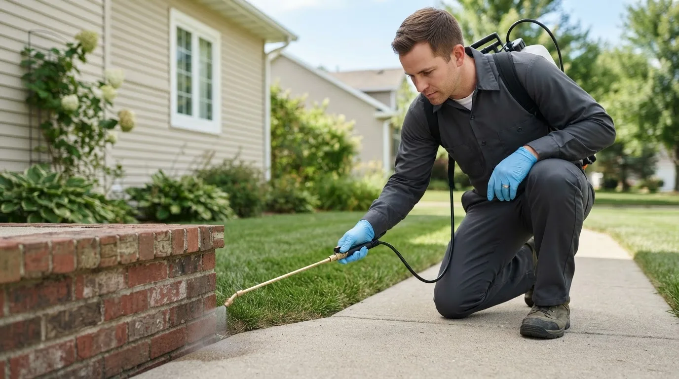 Pest control technician treating a home near North Fairfield, OH