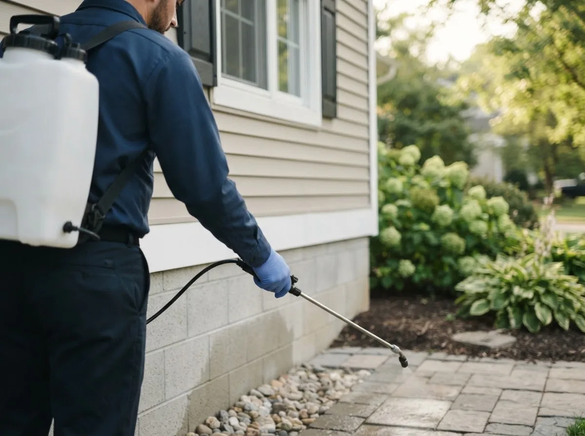 Pest control technician inspecting a home in North Fairfield, OH